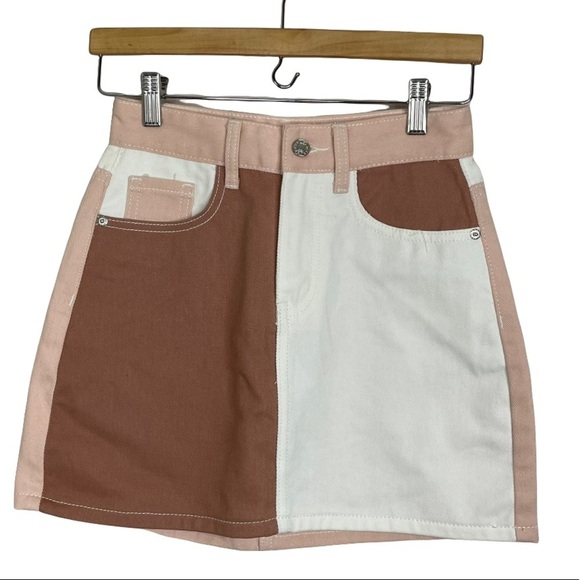 Nasty Gal Patch You Later Pink Rust Denim Mini Skirt Color Blocked Neutral NWT - Picture 1 of 9